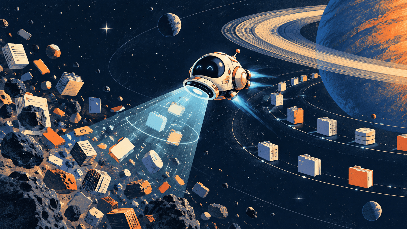 A friendly spacecraft scanning scattered digital files and arranging them into clean orbits around a planet